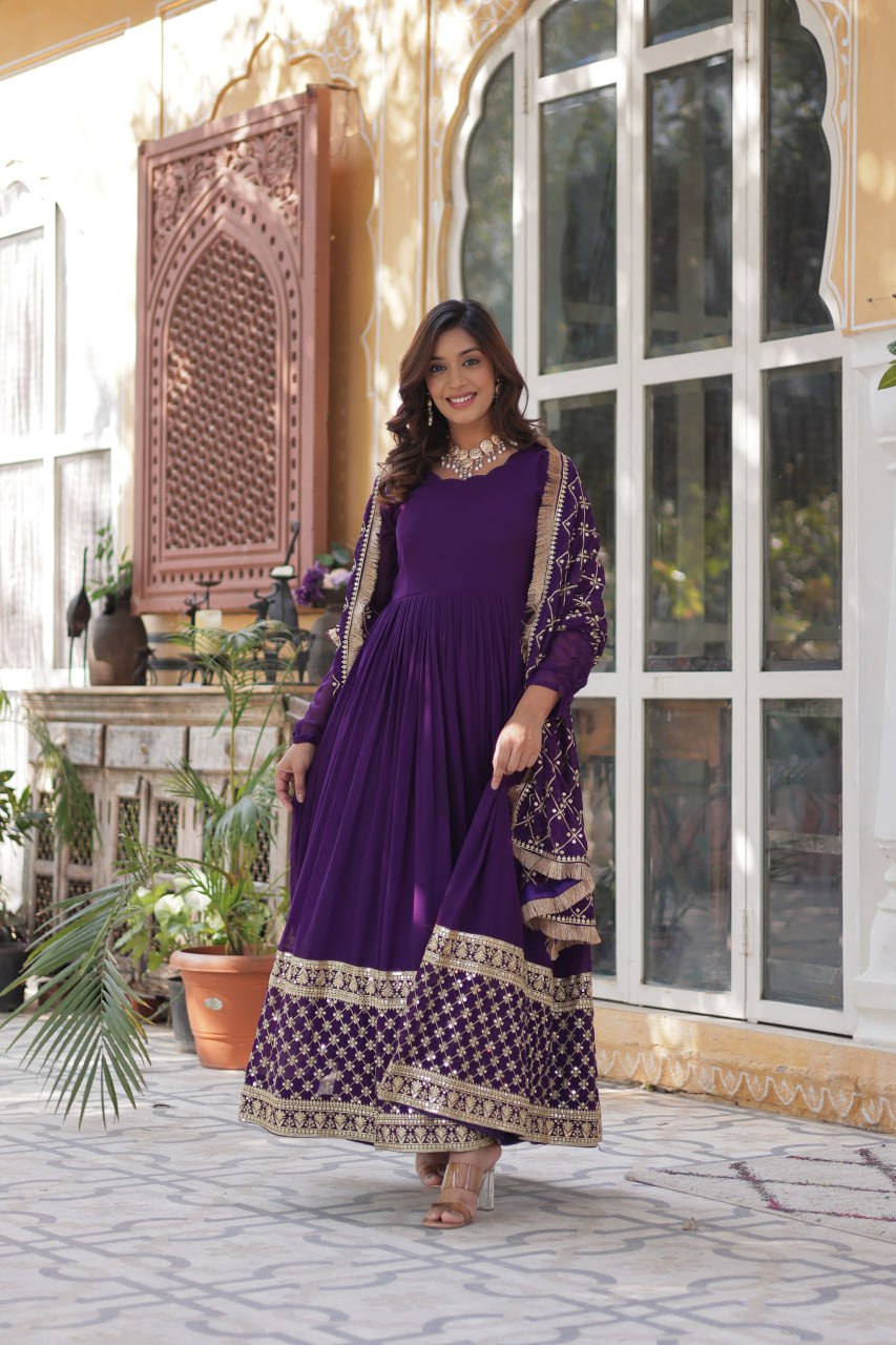 Georgette Purple Color Embroidered Anarkali Kurti with Dupatta