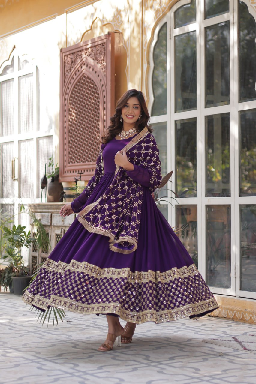 Georgette Purple Color Embroidered Anarkali Kurti with Dupatta