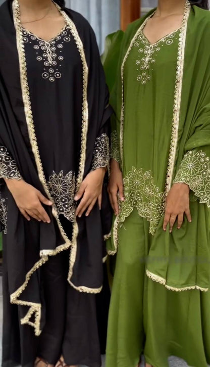 Green & black  Chinnon Silk Designer Embroidery Kurta Set