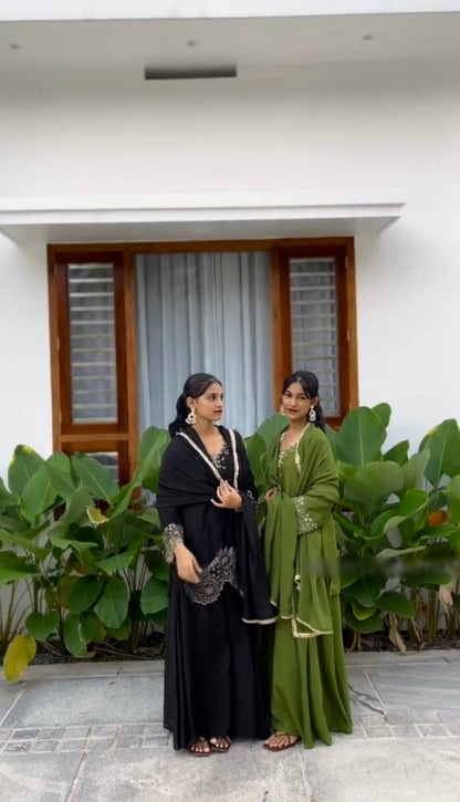 Green & black  Chinnon Silk Designer Embroidery Kurta Set