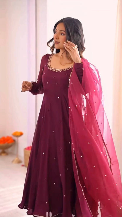 Threaded Grace – Embroidered Fox Georgette Flair Gown