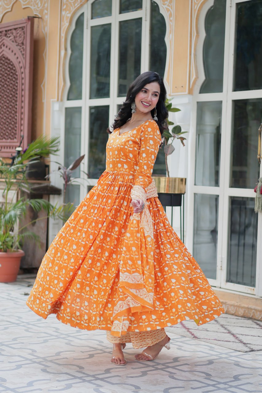 Amazing Classic Orange Color Cotton Fabric Designer Suit