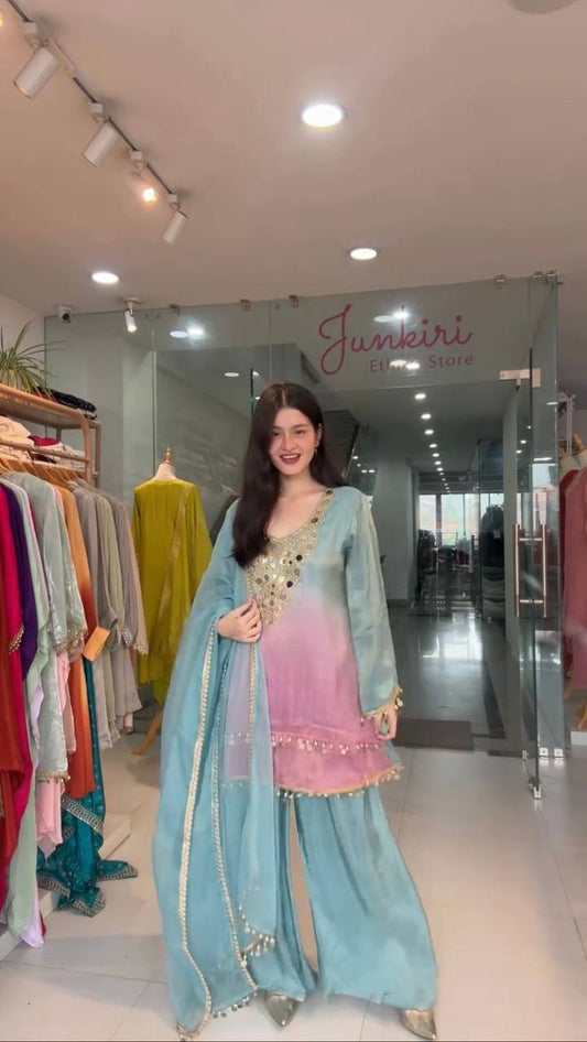 Mirror Muse, Handwork Top with Flared Plazo & Dupatta