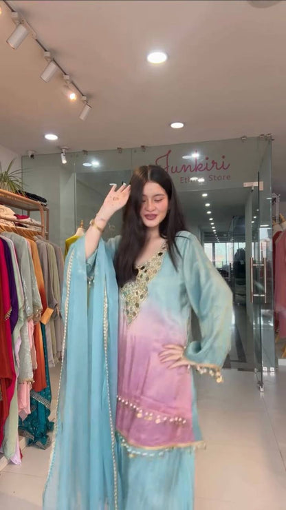 Mirror Muse, Handwork Top with Flared Plazo & Dupatta