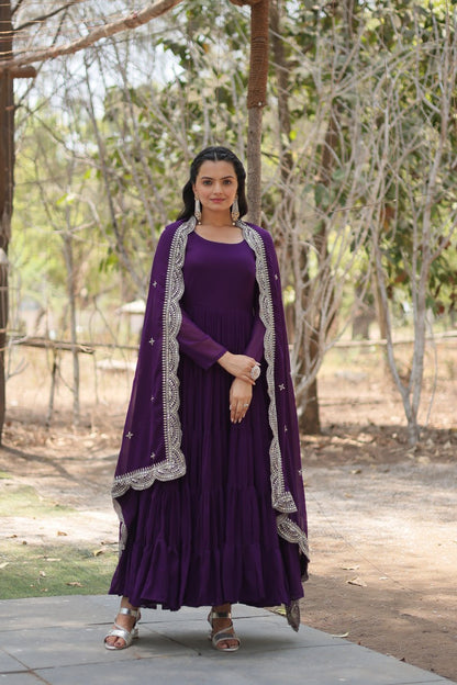 Stylish Faux Georgette Flair Gown with Matching Designer Dupatta