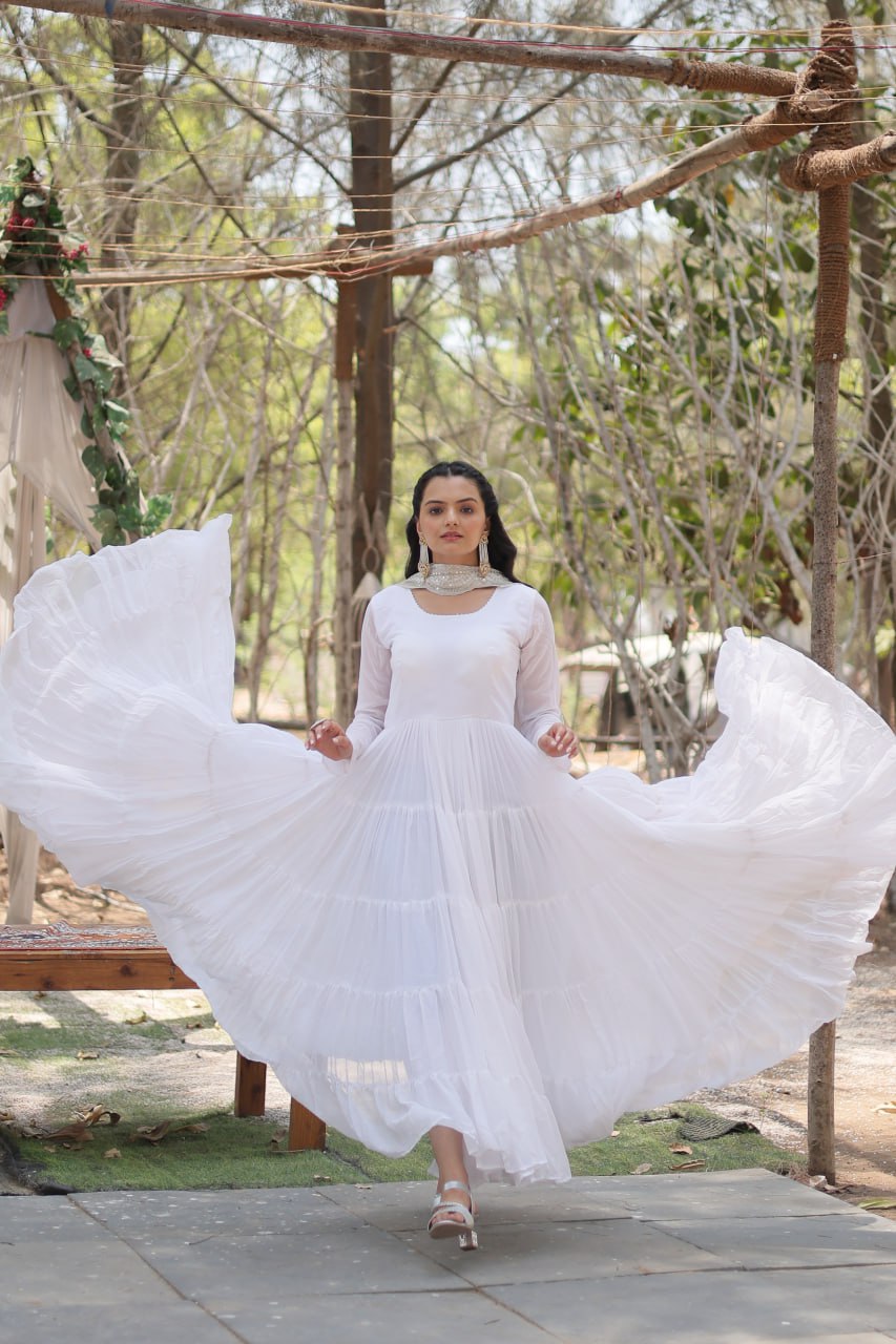 Stylish Faux Georgette Flair Gown with Matching Designer Dupatta