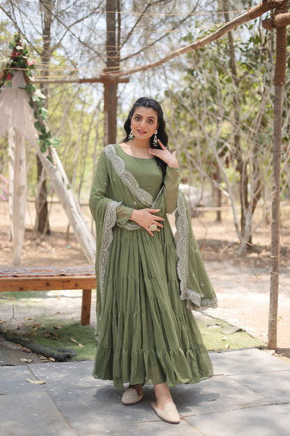Stylish Faux Georgette Flair Gown with Matching Designer Dupatta