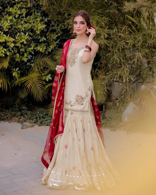 Luxury Three-Piece Sarara Suit with Intricate Sequence Embroidery