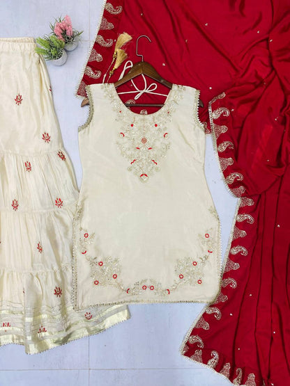 Luxury Three-Piece Sarara Suit with Intricate Sequence Embroidery