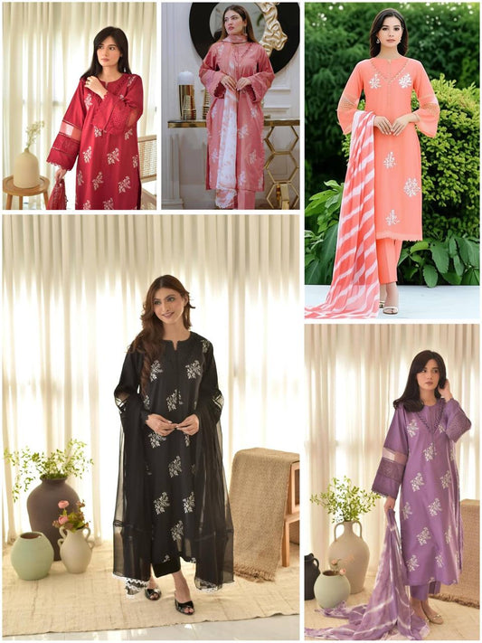 Premium Roman Silk Suit with Silver Chiffon Dupatta