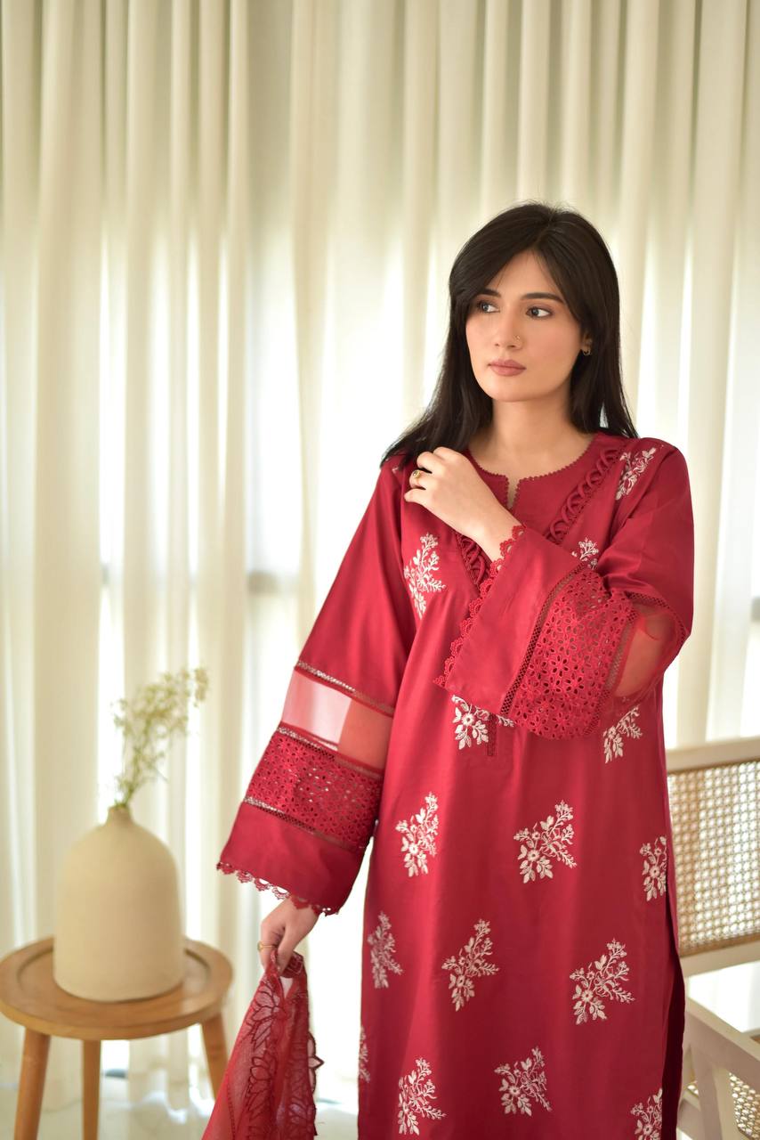 Premium Roman Silk Suit with Silver Chiffon Dupatta