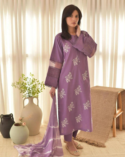 Premium Roman Silk Suit with Silver Chiffon Dupatta