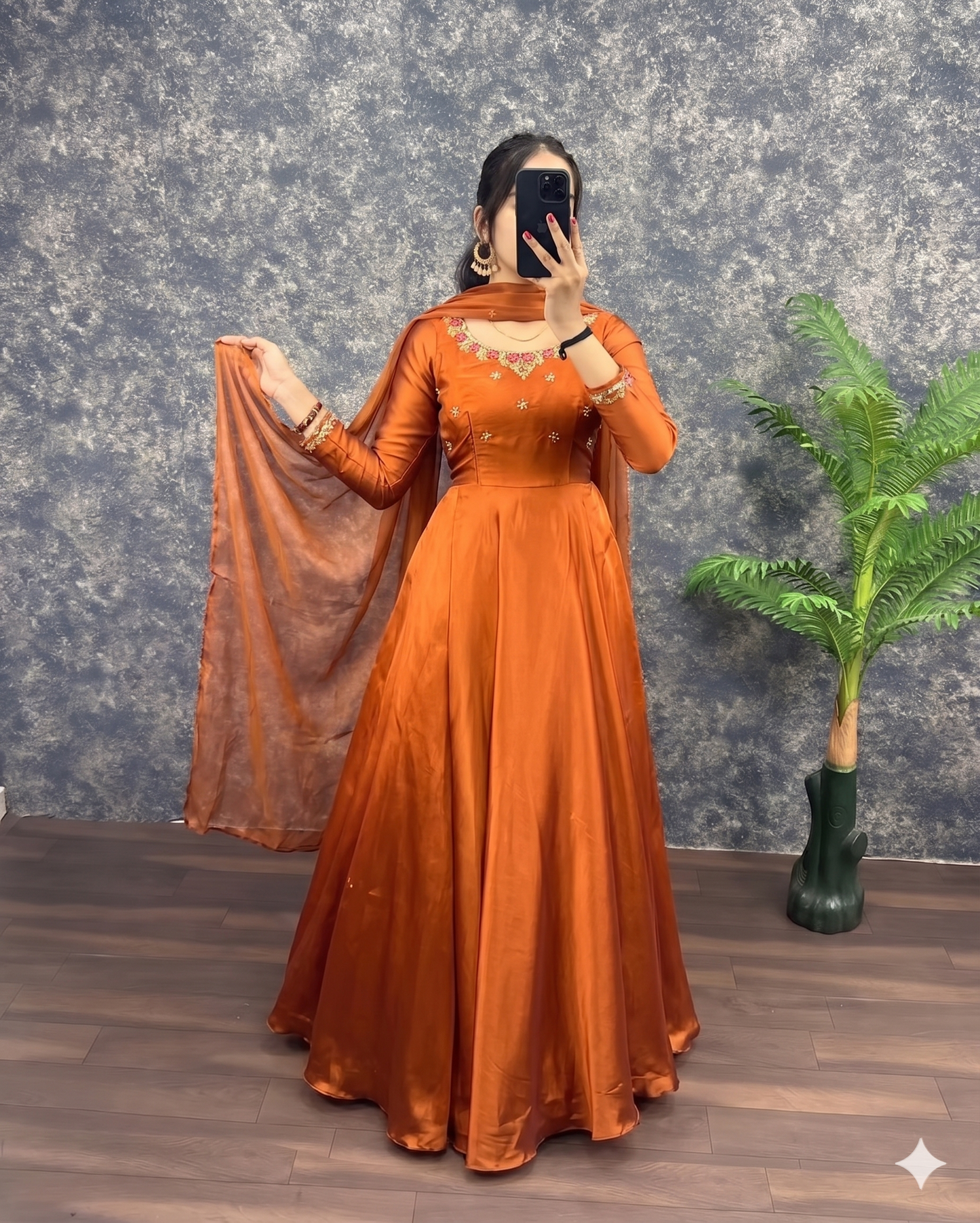 Women's Rust Orange Embroidered Anarkali Gown with Dupatta