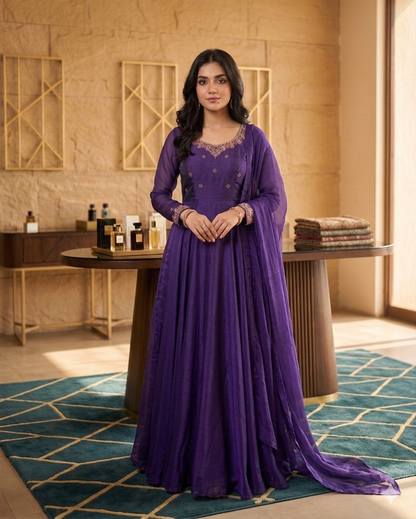 Royal Purple Embroidered Anarkali Gown with Dupatta