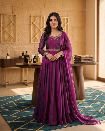 Designer Wine Color Party Wear Anarkali Gown Set