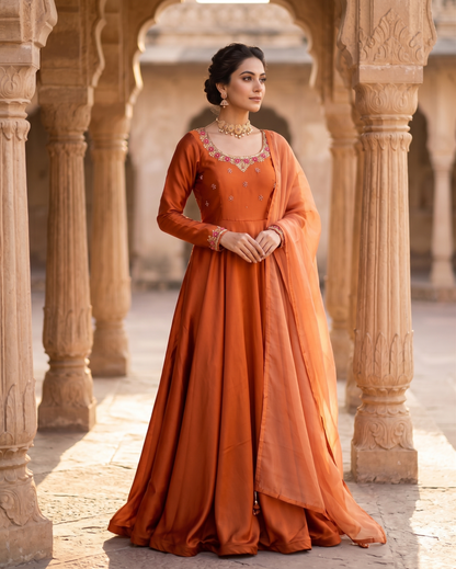 Women's Rust Orange Embroidered Anarkali Gown with Dupatta