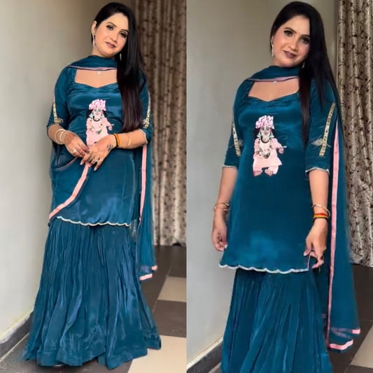 Natural Crepe Dress with Heavy Embroidery, Fancy Borders & Latkan Dori Sleeves