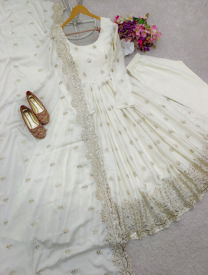 Designer Chinon Silk Gown Pant Dupatta Set | New Festive Collection