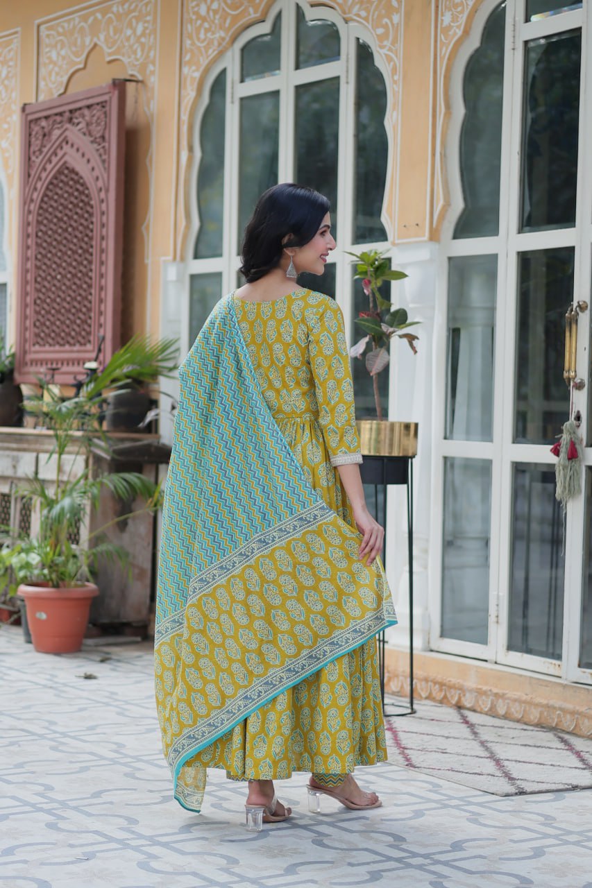 Women's Musted Yellow Color Cotton Designer Printed Kurta Set 