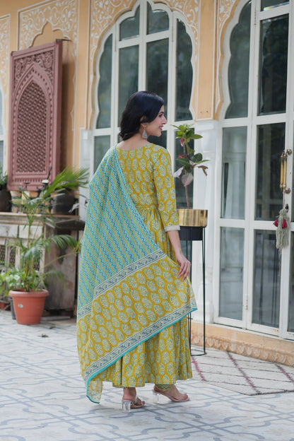 Women's Musted Yellow Color Cotton Designer Printed Kurta Set 
