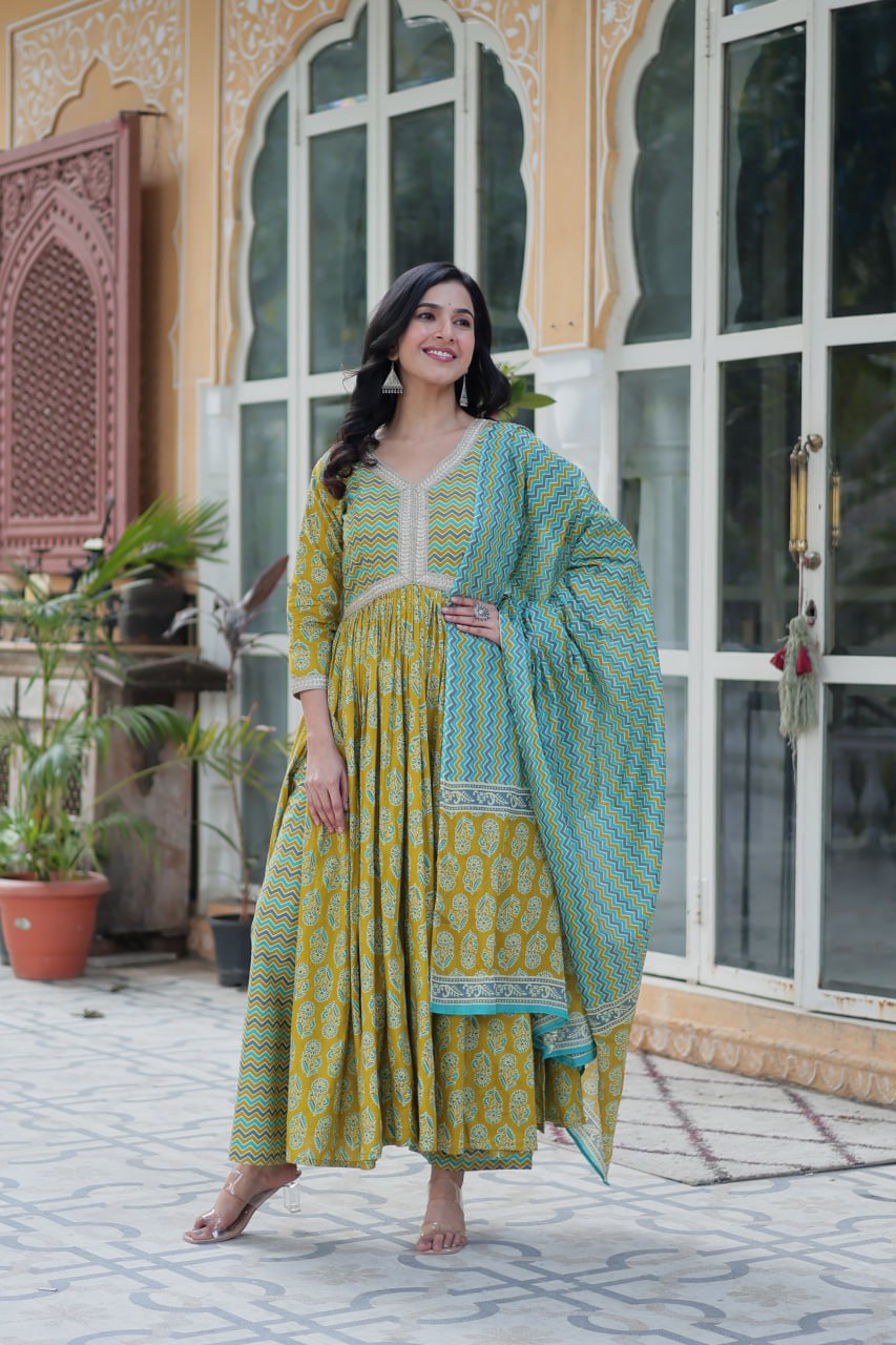 Women's Musted Yellow Color Cotton Designer Printed Kurta Set 