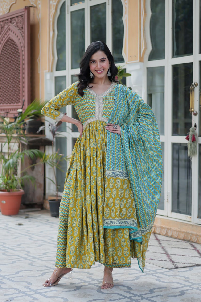 Women's Musted Yellow Color Cotton Designer Printed Kurta Set 