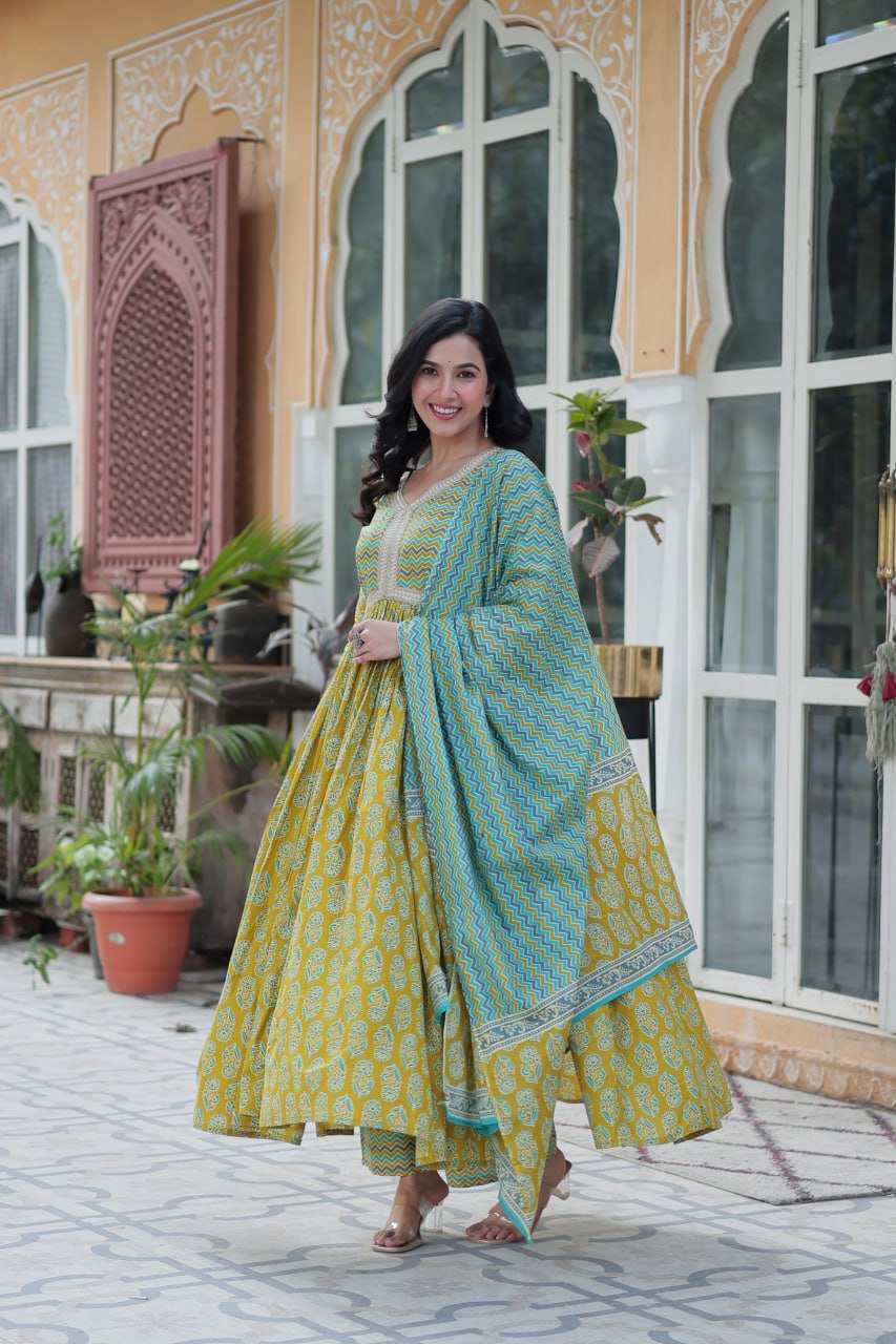 Women's Musted Yellow Color Cotton Designer Printed Kurta Set 