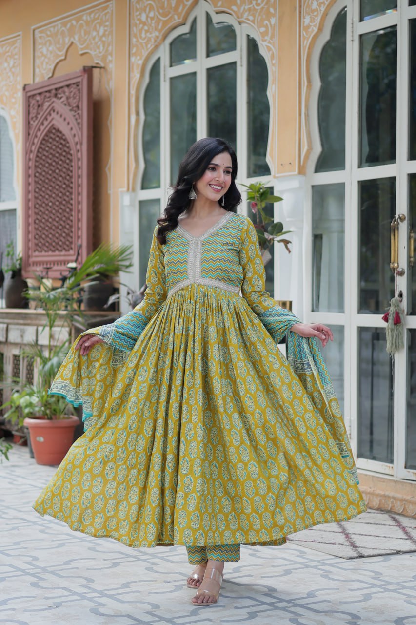 Women's Musted Yellow Color Cotton Designer Printed Kurta Set