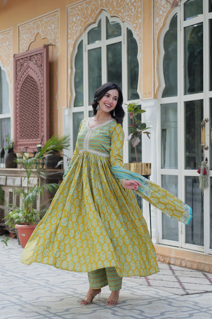 Women's Musted Yellow Color Cotton Designer Printed Kurta Set 