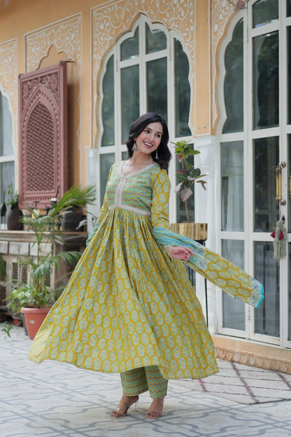 Women's Musted Yellow Color Cotton Designer Printed Kurta Set 