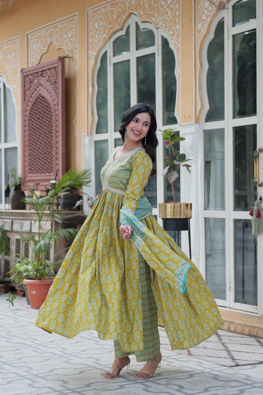 Women's Musted Yellow Color Cotton Designer Printed Kurta Set 