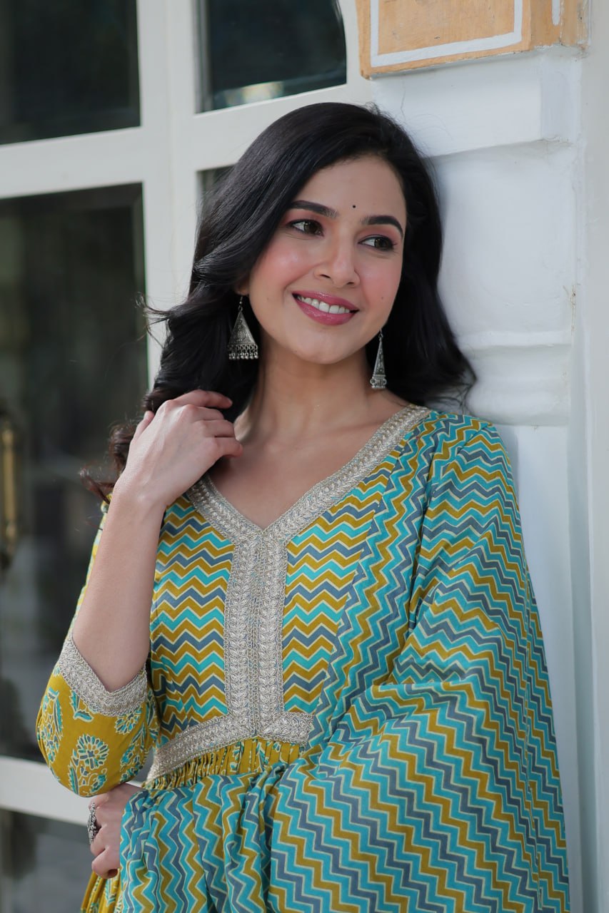 Women's Musted Yellow Color Cotton Designer Printed Kurta Set
