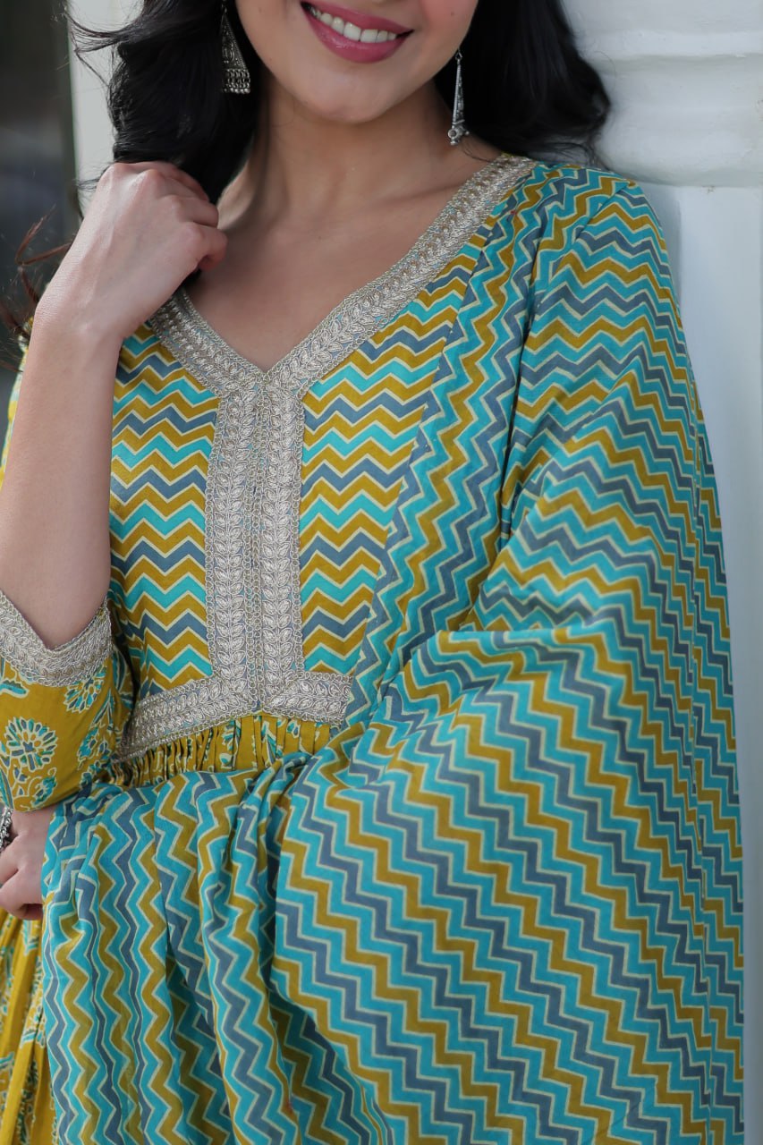 Women's Musted Yellow Color Cotton Designer Printed Kurta Set 