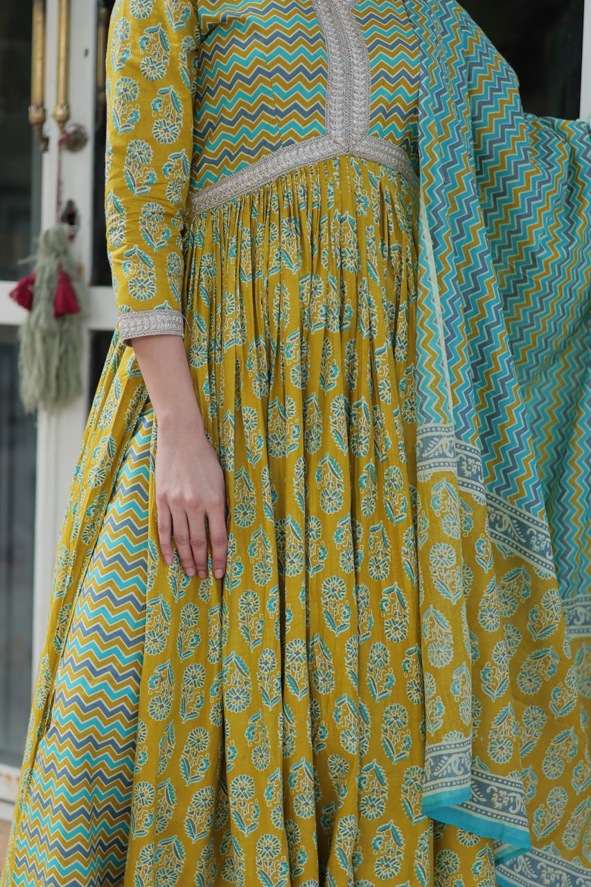 Women's Musted Yellow Color Cotton Designer Printed Kurta Set