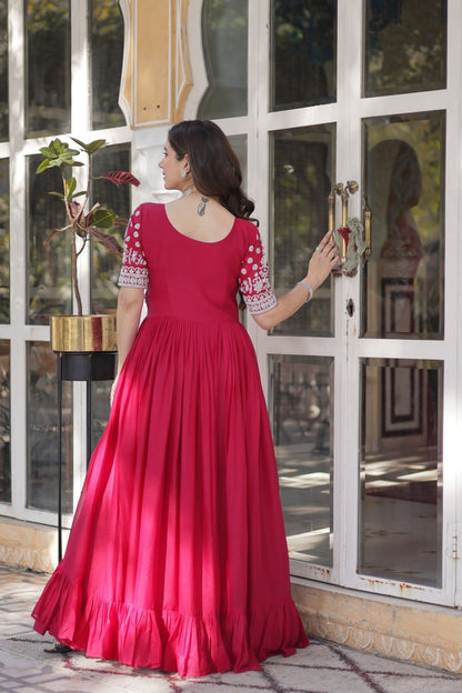 Star Georgette with Embroidery Beads Sequins-work Red Color