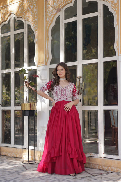 Star Georgette with Embroidery Beads Sequins-work Red Color
