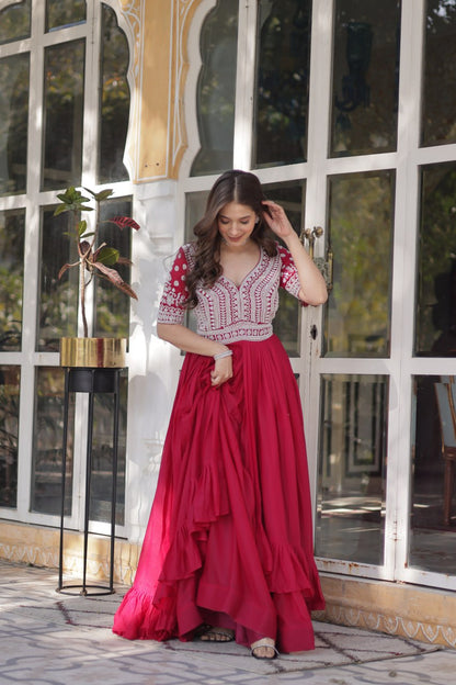Star Georgette with Embroidery Beads Sequins-work Red Color