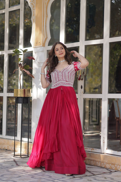 Star Georgette with Embroidery Beads Sequins-work Red Color