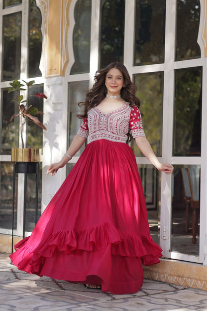 Star Georgette with Embroidery Beads Sequins-work Red Color
