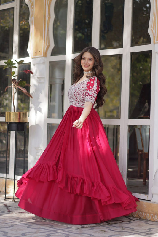 Star Georgette with Embroidery Beads Sequins-work Red Color