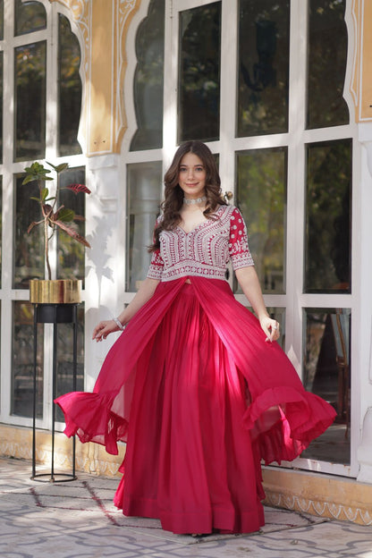 Star Georgette with Embroidery Beads Sequins-work Red Color