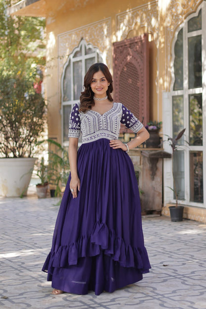 Star Georgette with Embroidery Beads Sequins-work Dark Blue Color