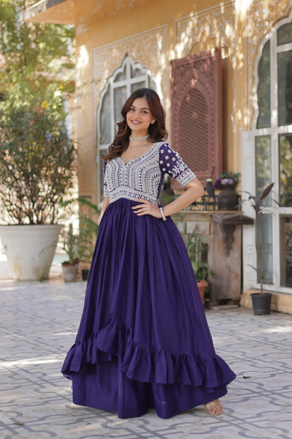 Star Georgette with Embroidery Beads Sequins-work Dark Blue Color