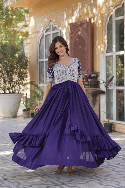 Star Georgette with Embroidery Beads Sequins-work Dark Blue Color