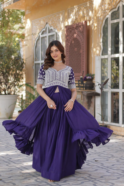 Star Georgette with Embroidery Beads Sequins-work Dark Blue Color