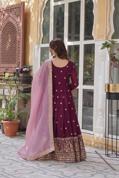 star georgette with embroidery zari sequins-work maroon colors