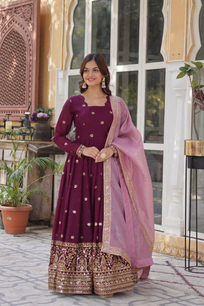 star georgette with embroidery zari sequins-work maroon colors