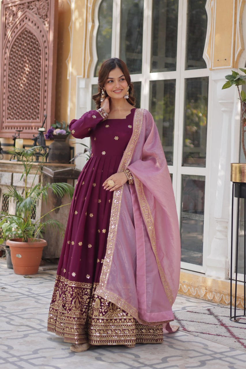 star georgette with embroidery zari sequins-work maroon colors