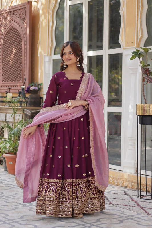 star georgette with embroidery zari sequins-work maroon colors