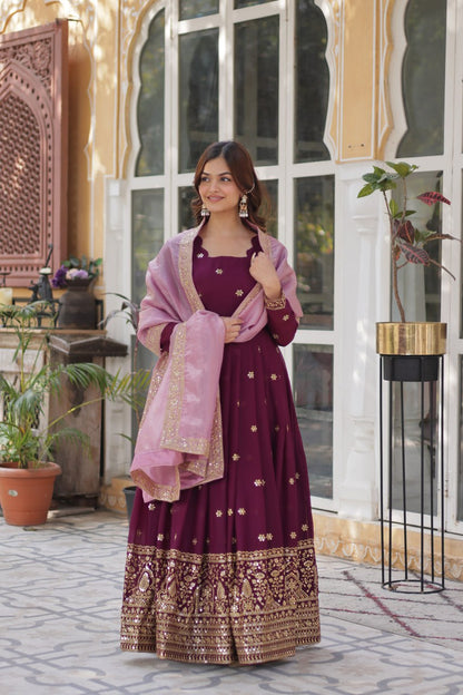 star georgette with embroidery zari sequins-work maroon colors